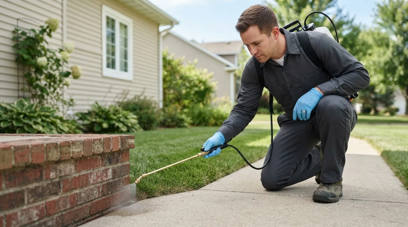 Pest control technician treating a home near Widener, AR
